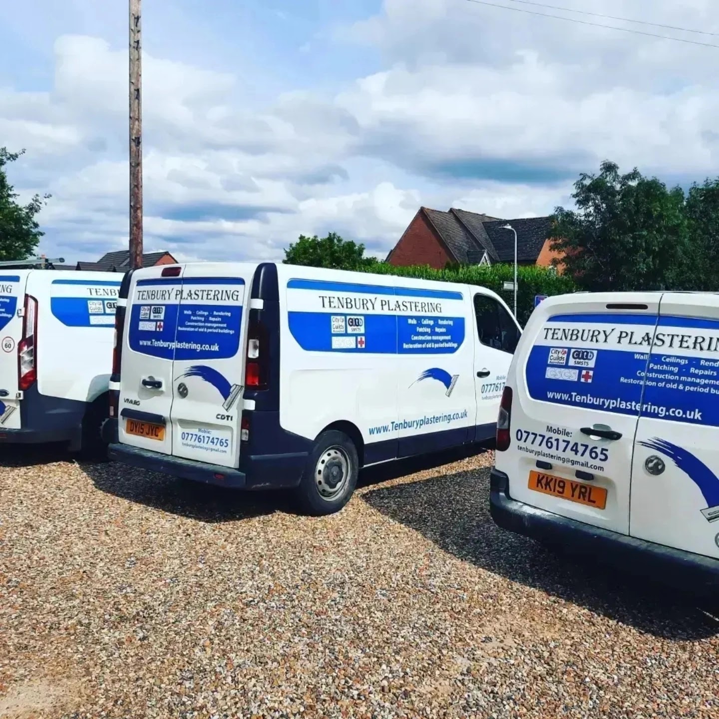 Three Tenbury Plastering vans in blue and white livery